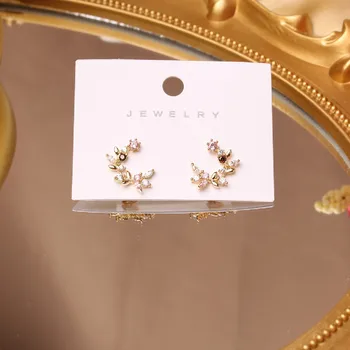 Južna Koreja je novo modno oblikovanje nakita lepe baker vdelan cirkon venec listov ženski cvet majhne in vsestranski uhani