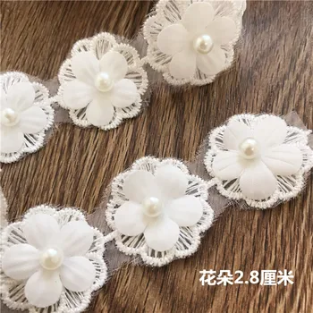 2Meters/veliko Organza Bele Čipke Nohtov Pearl 3D Čipke Cvet Poročno Obleko DIY Ročno izdelani Okraski, Dodatki RS2950
