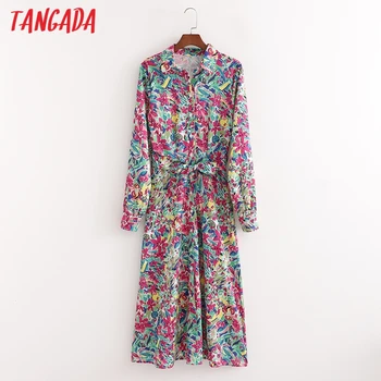 Tangada 2021 Moda za Ženske Tiskanja Cvetovi Shirt Obleko S Poševnico Dolg Rokav Priložnostne Ženski Midi Obleko 1D109