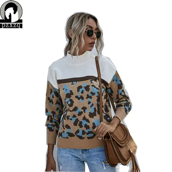 2020 Jeseni, Pozimi Nove Ženske O Vratu Jopica Priložnostne Dolg Rokav Pletene Džemper 2020 Elegantno Mozaik Prugasta Leopard Tiskanja Vrhovi