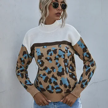 2020 Jeseni, Pozimi Nove Ženske O Vratu Jopica Priložnostne Dolg Rokav Pletene Džemper 2020 Elegantno Mozaik Prugasta Leopard Tiskanja Vrhovi