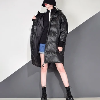XITAO Priložnostne Appliques Parkas Ženske Zimske Trendy Modni Nov Slog Hooded Ovratnik Dolgo Batwing Sleeve Solid Color Plašč LJT4459
