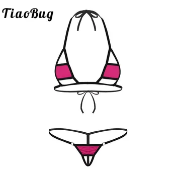 TiaoBug Ženske Perilo Nastavite Povodcem Mini Micro Bikini Modrc Top z G-String Odprite Mednožje Tanga Crotchless Hlačke Seksi spodnje Perilo