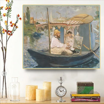 Citon Edouard Manet《Monet Slikarstvo v njegov Studio Čoln, 1874》Platno Umetnosti Oljna slika Umetnine, Slike Stenski Dekor Doma Dekoracijo