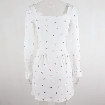 ALLNeon Y2K Kawaii Kvadratnih Ovratnik Enotni-zapenjanje Vintage Obleke za Ženske, E-Sladko dekle, Tiskanje Dolg Rokav A-line Mini Obleko Luštna