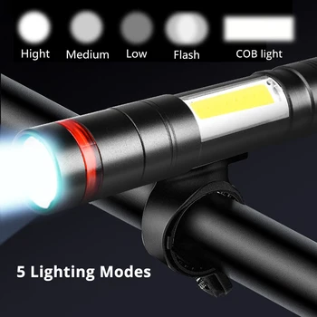 Super svetla LED Svetilka Z COB stranska svetloba in rdeč odsevnik 5 Razsvetljavo Načini LED Svetilko vgrajena baterija za ponovno polnjenje