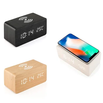 Lesene Budilka S Qi Brezžično Polnjenje Pad Združljivo Z Iphone, Samsung Lesa, Led, Digitalna Ura, Zvočni Nadzor Functio