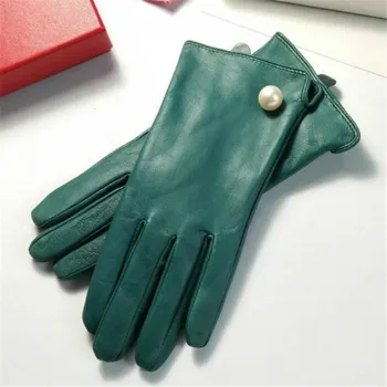 Ženske Ženske pravo Usnje Ovčje kože Pozimi Toplo Rokavice veliki biseri design ženski dotik rokavice, palčniki