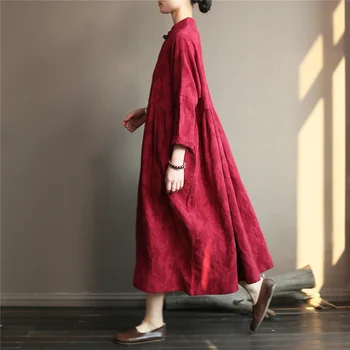 Johnature 2020 Jeseni Nove Ženske Kitajski Dress Vintage Bombaž Perilo Plašče Stojala Za Dolg Rokav Gumb Jacquardske Svoboden Priložnostne Obleke