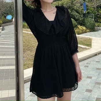 Seksi V Vratu Ruffle Mini Stranke Obleke BlackWomen Dolg Rokav Šifon Obleko 2020 Pomlad Elegantne Dame, Oblačila