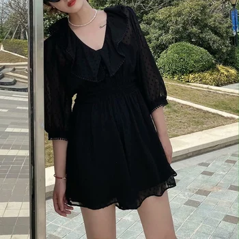 Seksi V Vratu Ruffle Mini Stranke Obleke BlackWomen Dolg Rokav Šifon Obleko 2020 Pomlad Elegantne Dame, Oblačila