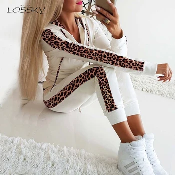 Lossky Ženske Dva Kosa Iz Leopard Print Majica Mozaik Dolg Rokav 2019 Jeseni, Pozimi Hlače Obleko Jeseni Obleko Za Prosti Čas