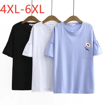 Novo 2021 poletje plus velikost vrhovi za ženske velika svoboden priložnostne bell rokav bombažne vezenine, O vratu T-shirt bela modra 4XL 5XL 6XL