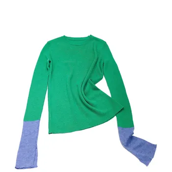 Pomlad nov izdelek nišo krog vratu kontrast barve split dolgo sleeved pletene dno majica Slim slim tanek pulover