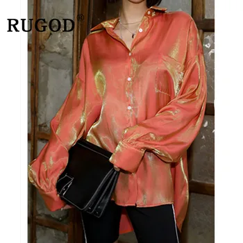 RUGOD Letnik Gradient bluzo ženske Elegantne sijajni dolg rokav oranžne majice ženske korejski elegantna zavoj navzdol ovratnik bluzo in vrhovi