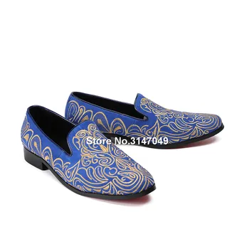 Vezene Mens Suede Shoes Modra Rdeča Priložnostne Usnje Moški Čevlji Plus Velikost Moške Loafers Žlahtno Zlato Cvjetnim Tiskanja Mocasines Hombre