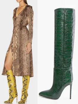 Python Reliefni Usnje Kolena-visoki Škornji Ženske z Visoko peto Opozoril Ženske Škornji Zapatos de Mujer Botas 35-43 Velikost