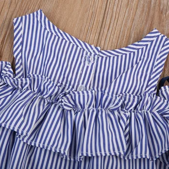 Vroče 2018 Novo Poletno Obleko Malčka Otroci Baby Dekleta Lep Rojstni dan Obleko Modro Črtasto Off-ramo Ruffles Stranka Obleke Obleke