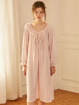 Pomlad Jesen Bombaž Žensk Dolgo Sleepwear Letnik Royal Princess Proti-vrat Dolgo Nightgowns Elegantno Plus Obleko Noč