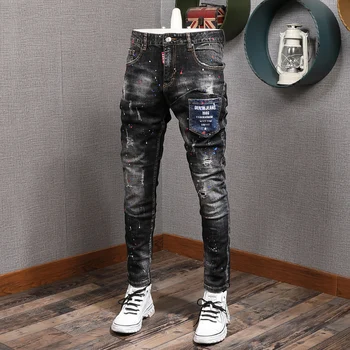 Novo Modni Oblikovalec Moške Jeans Italijanski Letnik Naslikal Retro Raztrgala Traper Hlače Ulične Elastična Slim Fit Hip Hop Hlače
