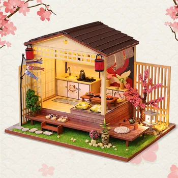 DIY Lesena Hiša Japonskem Slogu Mini Lutka Hiša Kompleti Mini Lutke s Pohištvom Precised Oblikovanje Lutke Za Dekoracijo