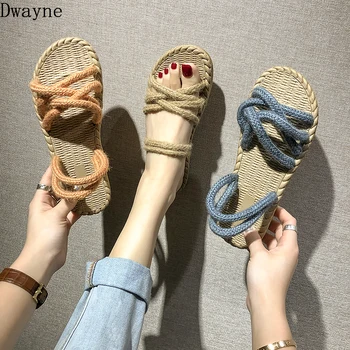 Slama konoplja vrv ženske sandale 2019 nova zunanja priložnostne ravno sandali copate korejski divje lahke udobno plaži čevlji