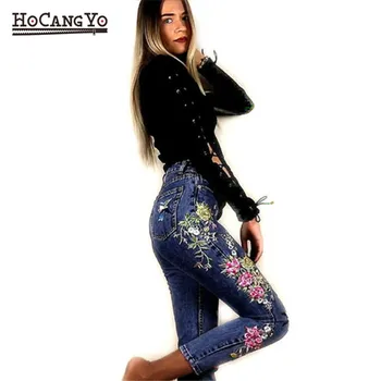 HCYO Ženske Denim Jeans Hlače Dolge Ravne Bombaž Denim Jeans Hlače Cvetje Vezenje Visok Pas, Jeans Dokolenice Plus Velikost