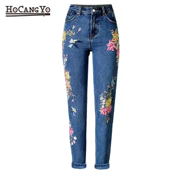 HCYO Ženske Denim Jeans Hlače Dolge Ravne Bombaž Denim Jeans Hlače Cvetje Vezenje Visok Pas, Jeans Dokolenice Plus Velikost