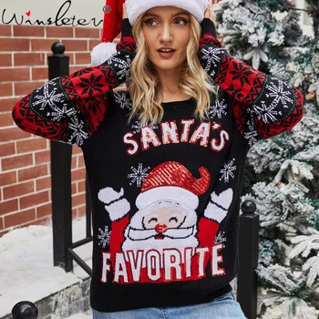 Pozimi leta 2020 Božič Pulover Ženske, Santa Claus Vezenje Sequins Vrhovi Puloverju Ugly Pulover Pletene Džemper T0N104A