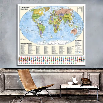 Svet Politični Zemljevid Z Zastavami Non-Woven Non-vonj Platno Slikarstvo Plakat Doma Dnevna Soba Dekor Šoli Študija Dobave