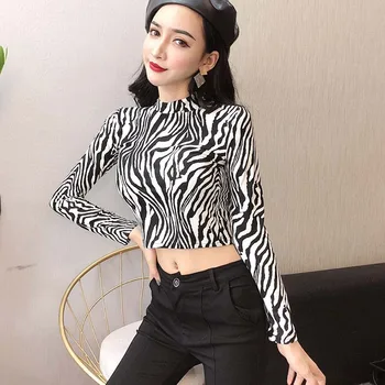 Moda Visoko Vratu Leopard Tiskanja Opremljena Puloverji Dolg Rokav Tee Shirt 2019 Jeseni Priložnostne Ženske T-shirt Obreži Zgoraj