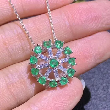 Naturel smaragdno zelena gem Ogrlica S925 iver naravnih gemstone, Ogrlico, Obesek, Cvet kolo ženske dekle stranka darilo nakit