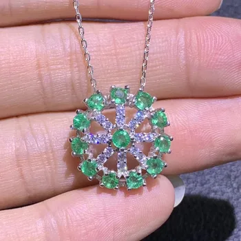 Naturel smaragdno zelena gem Ogrlica S925 iver naravnih gemstone, Ogrlico, Obesek, Cvet kolo ženske dekle stranka darilo nakit