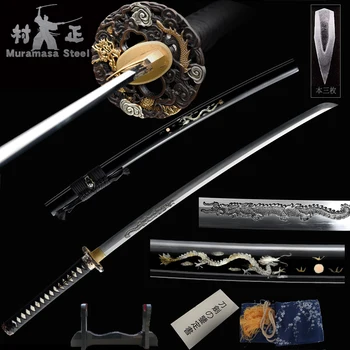 Resnično Japonski Meč Sanmai T10 Rezilo Polno Tang Pravi Katana Lesa Saya Vdelan Lupini Ročno Gravirano Dragon Sword Visoke Kakovosti