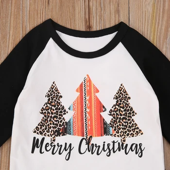 0-4Y Božič Dekleta Kompleti Oblačil Jesen Zima Otroci Božično Drevo Natisni T-majice+Leopard Prugasta Flare Hlače, Bombaž Obleke