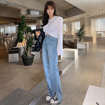 Nova Ženska Jeans Visoko Pasu 2020 Široko noge Traper Hlače Luknjo Priložnostne Moda Svoboden Split Jean Ženska Pon Koreja Slog