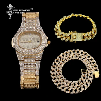Ogrlica+Watch+Zapestnica Hip Hop Miami Zajeziti Kubanski Verige Zlata Barva Ledeni Si je Utrla Okrasnih CZ Bling Nakit Za Moške Rapper