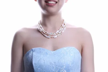 2016 edinstveno belo biwa sladkovodnih biserna ogrlica, nepravilna ravno baročno sladkovodni biseri 3 plasti choker ogrlica za ženske, nakit