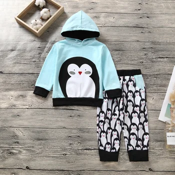 Baby Novorojenčka Pingvin Obleke Baby Boy Girl Long Sleeve Hooded + Hlače Obleko Nastavite Otroci Določa Priložnostne Bombaž Majica 2 KOS