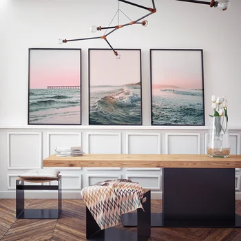 Roza Ocean Krajine Platna, Plakati, Sončni Zahod Valovi, Plaža Pomol Surf Wall Art Tisk Slikarstvo Dekor Slike Skandinavskih Doma Dekor