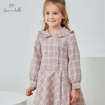 DKH14220 dave bella jeseni dekle moda kariran natisni draped obleko otroci sweet oblačenja otroci dojenčka lolita obleko