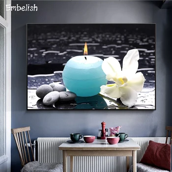 1 Kos Modra Svečo In Beli Cvetovi Zen Spa Wall Art Slik, ki jih dnevno Sobo Sodoben Dom Dekor, Plakati, HD Platna Slike