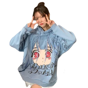 Japonski Kawaii Debele Anime Hoodie Šolarka, Pozimi Y2k Kvadratne Element Svoboden Majica Ženske Srčkan Plus Velikost Oblačila