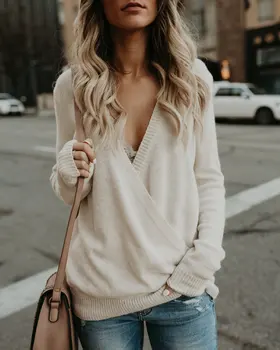 Plesti nositi ženska 2019 Ameriški modni stil trdna dolg rokav urad dama puloverju ženski pulover seksi vneck tanko