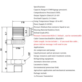 Dodatni M20*1.5/G1/2 prepone tlak oddajnik 4-20mA ,16mpa 25mpa Tlačni Senzor Pnevmatski, hidravlični tlak sanitarne