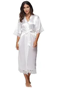 Poletje Čipke Mozaik Satenast Kimono Plašč Seksi Sleepwear Perilo Gamse Ženske Svile Dolgo Nightgown Poročno družico Obleke