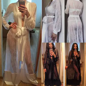Ženske Seksi Dolge Čipke Kimono Hišna Obleke Kopel Haljo Tla-dolžina Dolg Rokav Nightdress