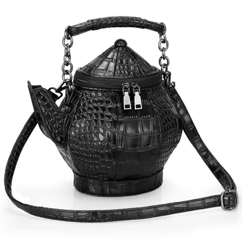 3D flagon ženske vrečko čajnik vrečko PU Vedro Verige Trdna Zadrgo Kitajski Slog torbici visoke zmogljivosti osebnost izvirnost