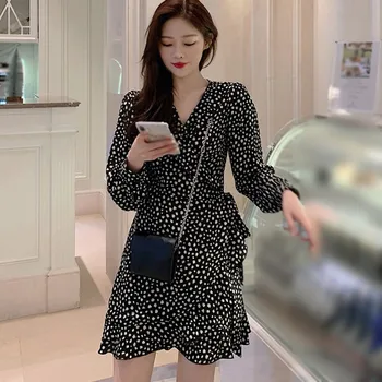 Črni Tiskalni Šifon Obleko Žensk Pomlad Jesen Dolg Rokav Obleke Korejski Moda Obleko Ruffles