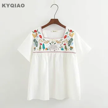 KYQIAO Etnične majica 2020 mori dekleta poletje Japonski slog bohemian hipi kvadratnih ovratnik belo vezenje bluzo blusa